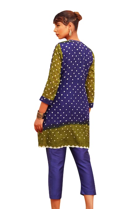 The Home Affair_Blue Crepe, Cotton Embroidery, Mirrors High Bandhani Tie Dye Boho Kurta Pant Set _Online_at_Aza_Fashions