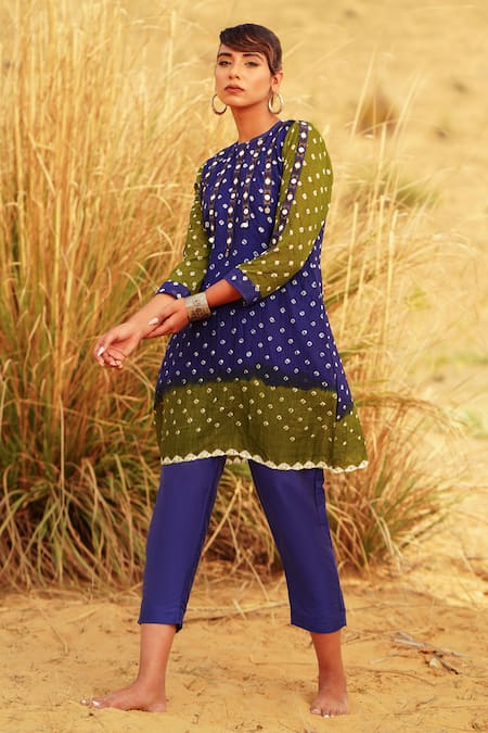 The Home Affair_Blue Crepe, Cotton Embroidery, Mirrors High Bandhani Tie Dye Boho Kurta Pant Set _at_Aza_Fashions