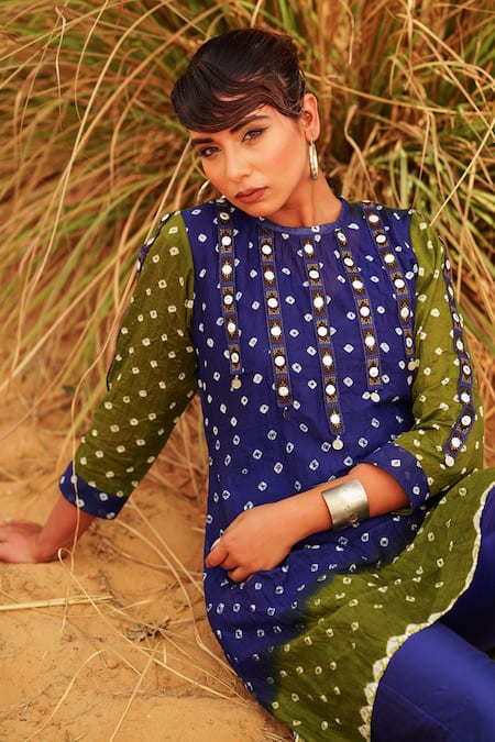 Buy_The Home Affair_Blue Crepe, Cotton Embroidery, Mirrors High Bandhani Tie Dye Boho Kurta Pant Set 