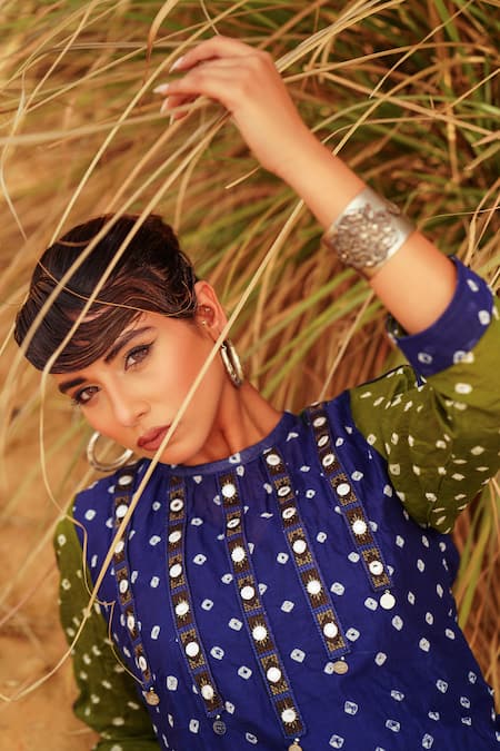 Shop_The Home Affair_Blue Crepe, Cotton Embroidery, Mirrors High Bandhani Tie Dye Boho Kurta Pant Set 