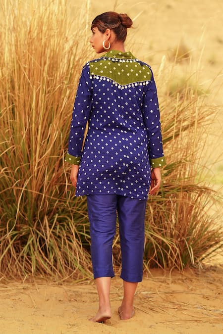 Shop The Home Affair Blue Crepe, Cotton Mirrors Collared Bandhani Tie Dye Kurta Pant Set at Aza Fashions Shop_The Home Affair_Blue Crepe, Cotton Mirrors Collared Bandhani Tie Dye Kurta Pant Set _at_Aza_Fashions