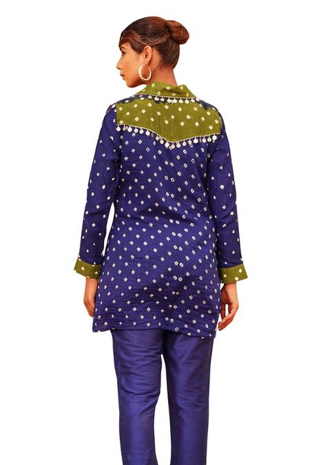 The Home Affair Blue Crepe, Cotton Mirrors Collared Bandhani Tie Dye Kurta Pant Set Online at Aza Fashions The Home Affair_Blue Crepe, Cotton Mirrors Collared Bandhani Tie Dye Kurta Pant Set _Online_at_Aza_Fashions