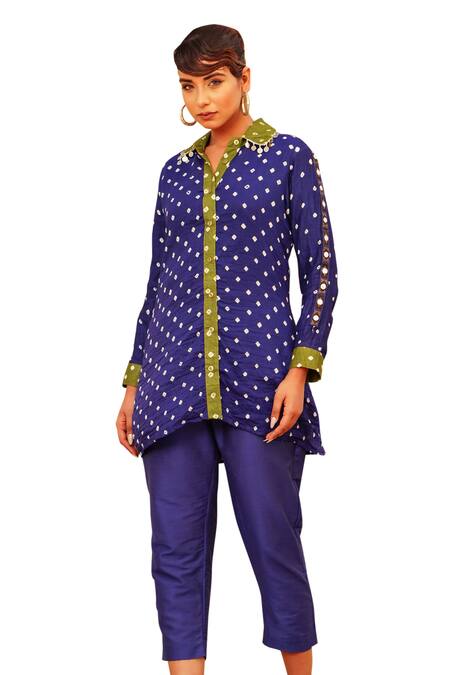 Shop The Home Affair Blue Crepe, Cotton Mirrors Collared Bandhani Tie Dye Kurta Pant Set Online at Aza Fashions Shop_The Home Affair_Blue Crepe, Cotton Mirrors Collared Bandhani Tie Dye Kurta Pant Set _Online_at_Aza_Fashions