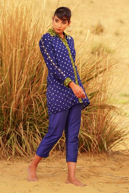 The Home Affair Blue Crepe, Cotton Mirrors Collared Bandhani Tie Dye Kurta Pant Set at Aza Fashions The Home Affair_Blue Crepe, Cotton Mirrors Collared Bandhani Tie Dye Kurta Pant Set _at_Aza_Fashions