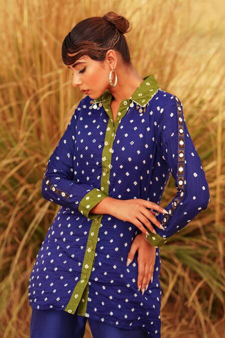 Buy The Home Affair Blue Crepe, Cotton Mirrors Collared Bandhani Tie Dye Kurta Pant Set Buy_The Home Affair_Blue Crepe, Cotton Mirrors Collared Bandhani Tie Dye Kurta Pant Set