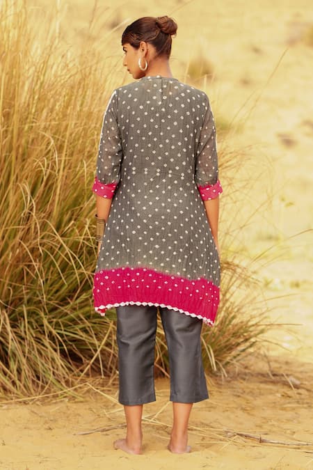 Shop The Home Affair Grey Crepe, Cotton Embroidery Bandhani Tie Dye Coin Embellished Kurta Pant Set at Aza Fashions Shop_The Home Affair_Grey Crepe, Cotton Embroidery Bandhani Tie Dye Coin Embellished Kurta Pant Set _at_Aza_Fashions