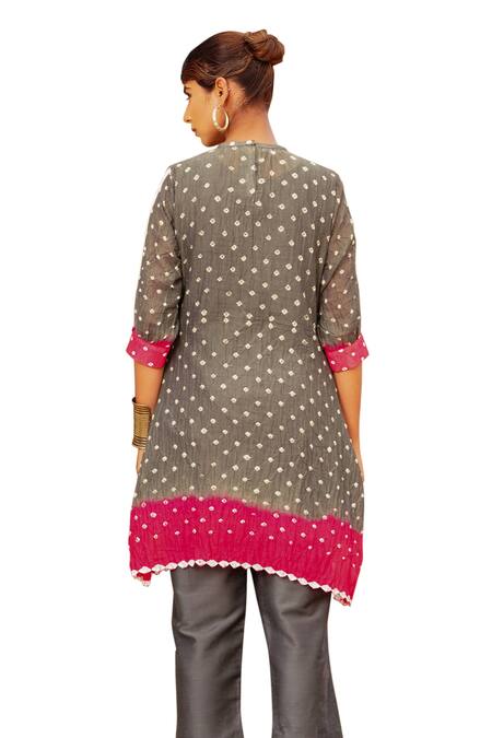 The Home Affair Grey Crepe, Cotton Embroidery Bandhani Tie Dye Coin Embellished Kurta Pant Set Online at Aza Fashions The Home Affair_Grey Crepe, Cotton Embroidery Bandhani Tie Dye Coin Embellished Kurta Pant Set _Online_at_Aza_Fashions
