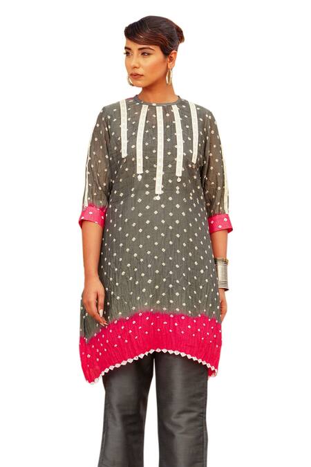 Buy The Home Affair Grey Crepe, Cotton Embroidery Bandhani Tie Dye Coin Embellished Kurta Pant Set Online at Aza Fashions Buy_The Home Affair_Grey Crepe, Cotton Embroidery Bandhani Tie Dye Coin Embellished Kurta Pant Set _Online_at_Aza_Fashions