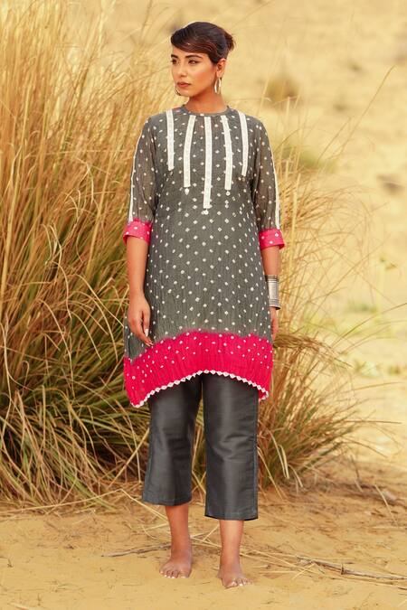 Shop The Home Affair Grey Crepe, Cotton Embroidery Bandhani Tie Dye Coin Embellished Kurta Pant Set Online at Aza Fashions Shop_The Home Affair_Grey Crepe, Cotton Embroidery Bandhani Tie Dye Coin Embellished Kurta Pant Set _Online_at_Aza_Fashions