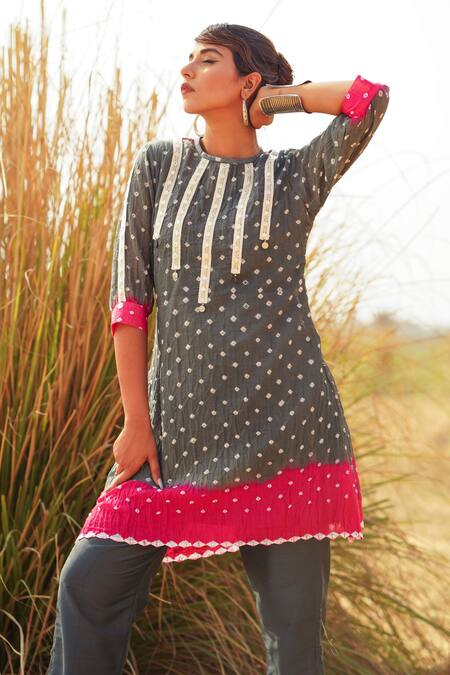 The Home Affair Grey Crepe, Cotton Embroidery Bandhani Tie Dye Coin Embellished Kurta Pant Set at Aza Fashions The Home Affair_Grey Crepe, Cotton Embroidery Bandhani Tie Dye Coin Embellished Kurta Pant Set _at_Aza_Fashions