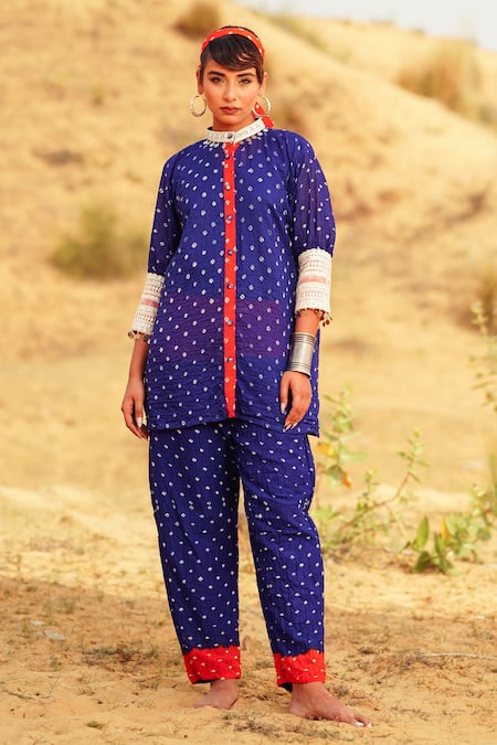 The Home Affair Mirror Cuff Embroidered Bandhani Tie Dye Kurta Pant Set 