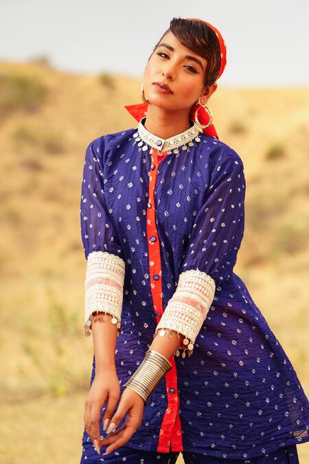 Buy The Home Affair Orange Crepe, Cotton Mirrors, Embroidery Cuff Bandhani Tie Dye Kurta Pant Set Buy_The Home Affair_Orange Crepe, Cotton Mirrors, Embroidery Cuff Bandhani Tie Dye Kurta Pant Set