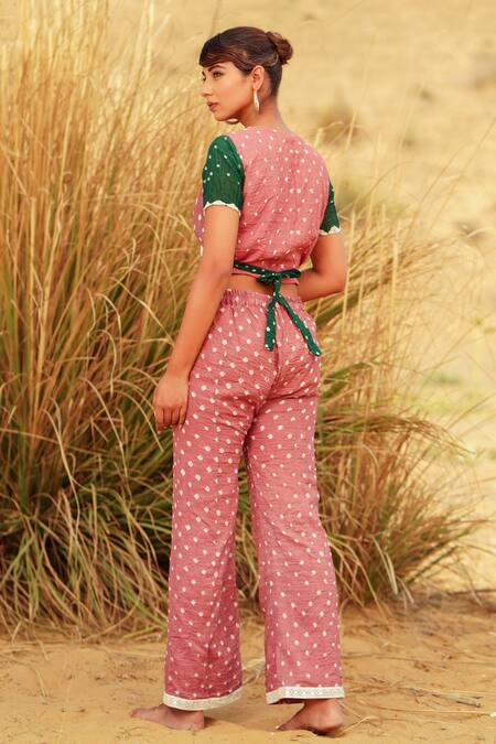 Shop The Home Affair Pink Cotton Mirrors V-neck Bandhani Tie Dye Wrap Crop Top With Pant at Aza Fashions Shop_The Home Affair_Pink Cotton Mirrors V-neck Bandhani Tie Dye Wrap Crop Top With Pant _at_Aza_Fashions