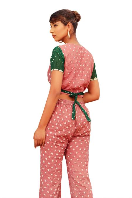 The Home Affair Pink Cotton Mirrors V-neck Bandhani Tie Dye Wrap Crop Top With Pant Online at Aza Fashions The Home Affair_Pink Cotton Mirrors V-neck Bandhani Tie Dye Wrap Crop Top With Pant _Online_at_Aza_Fashions