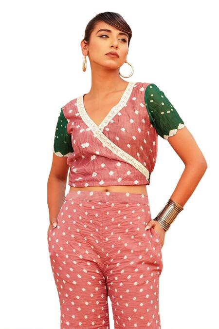 Buy The Home Affair Pink Cotton Mirrors V-neck Bandhani Tie Dye Wrap Crop Top With Pant Online at Aza Fashions Buy_The Home Affair_Pink Cotton Mirrors V-neck Bandhani Tie Dye Wrap Crop Top With Pant _Online_at_Aza_Fashions