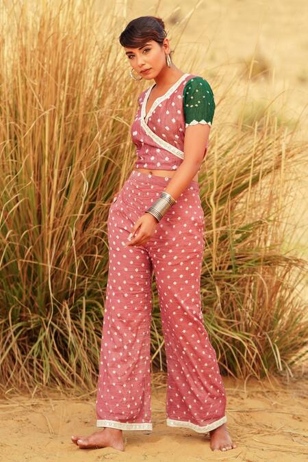Shop The Home Affair Pink Cotton Mirrors V-neck Bandhani Tie Dye Wrap Crop Top With Pant Online at Aza Fashions Shop_The Home Affair_Pink Cotton Mirrors V-neck Bandhani Tie Dye Wrap Crop Top With Pant _Online_at_Aza_Fashions
