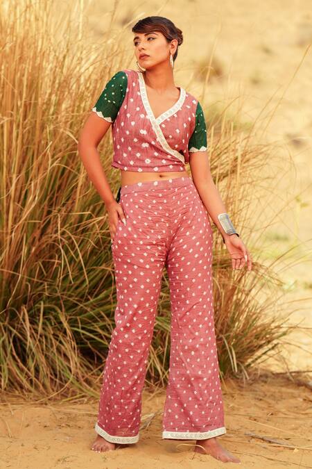 The Home Affair Pink Cotton Mirrors V-neck Bandhani Tie Dye Wrap Crop Top With Pant at Aza Fashions The Home Affair_Pink Cotton Mirrors V-neck Bandhani Tie Dye Wrap Crop Top With Pant _at_Aza_Fashions