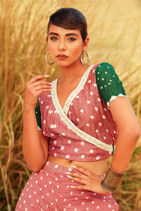 Shop The Home Affair Pink Cotton Mirrors V-neck Bandhani Tie Dye Wrap Crop Top With Pant Shop_The Home Affair_Pink Cotton Mirrors V-neck Bandhani Tie Dye Wrap Crop Top With Pant