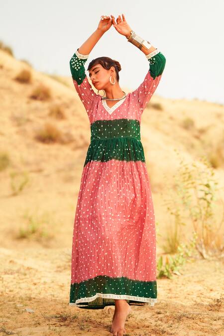 The Home Affair_Pink Cotton Mirrors V-neck Bandhani Tie Dye Moss Dress _at_Aza_Fashions