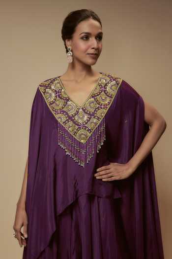 Buy_KEITH GOMES_Purple Silk, Lycra Sequins, Beads Embellished Asymmetric Tunic Palazzo Set _Online_at_Aza_Fashions
