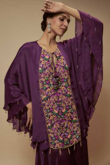 Buy_KEITH GOMES_Purple Chiffon, Crepe Beads, Tassels Embellished Layered Tunic With Palazzo _Online_at_Aza_Fashions