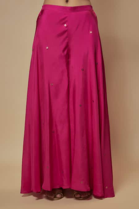 Keith Gomes_Pink Silk, Lycra Sequins, Beads Round Neck Embellished Yoke Tunic Palazzo Set _Online_at_Aza_Fashions