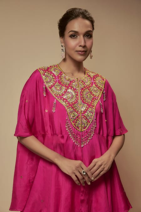 Buy_Keith Gomes_Pink Silk, Lycra Sequins, Beads Round Neck Embellished Yoke Tunic Palazzo Set _Online_at_Aza_Fashions