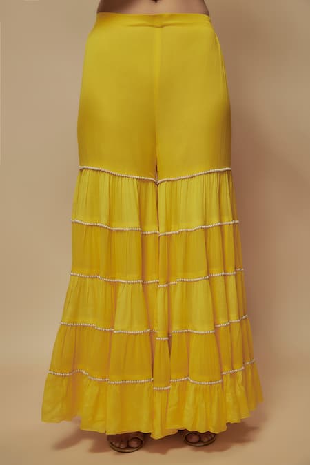 Keith Gomes_Yellow Chiffon, Georgette, Lycra Floral Embellished Peplum Tunic Palazzo Set _Online_at_Aza_Fashions