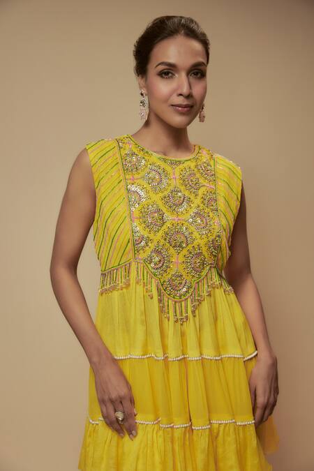 Buy_Keith Gomes_Yellow Chiffon, Georgette, Lycra Floral Embellished Peplum Tunic Palazzo Set _Online_at_Aza_Fashions