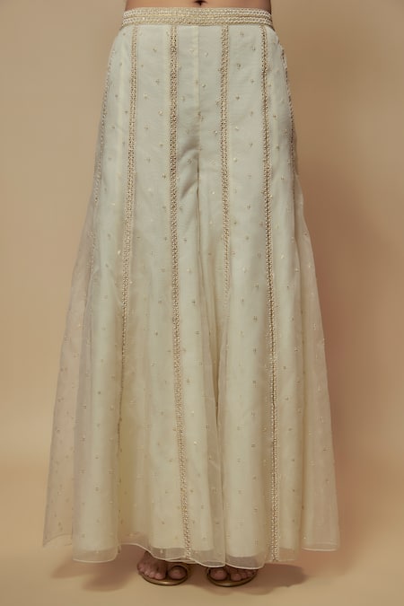 Keith Gomes_Beige Chanderi Silk, Organza Floral Embellished Peplum Tunic Palazzo Set _Online_at_Aza_Fashions