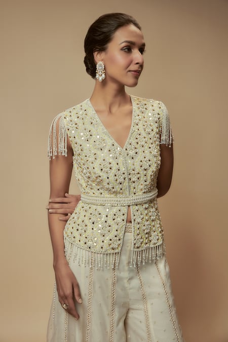 Buy_Keith Gomes_Beige Chanderi Silk, Organza Floral Embellished Peplum Tunic Palazzo Set _Online_at_Aza_Fashions