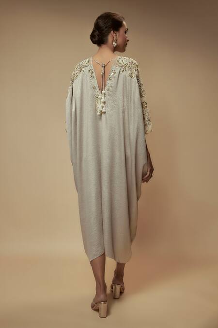 Shop Keith Gomes Beige Satin, Crepe Sequins, Pearls, Beads V-neck Embellished Asymmetric Kaftan at Aza Fashions Shop_Keith Gomes_Beige Satin, Crepe Sequins, Pearls, Beads V-neck Embellished Asymmetric Kaftan _at_Aza_Fashions