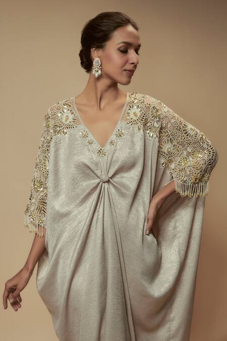 Keith Gomes Beige Satin, Crepe Sequins, Pearls, Beads V-neck Embellished Asymmetric Kaftan Online at Aza Fashions Keith Gomes_Beige Satin, Crepe Sequins, Pearls, Beads V-neck Embellished Asymmetric Kaftan _Online_at_Aza_Fashions