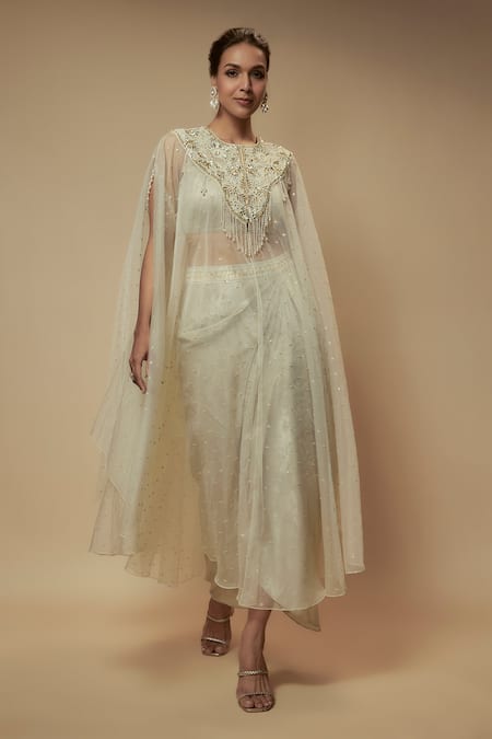 Keith Gomes Beige Cape Organza Embellished Sequin Cape Round Bead Sheer Draped Skirt Set 