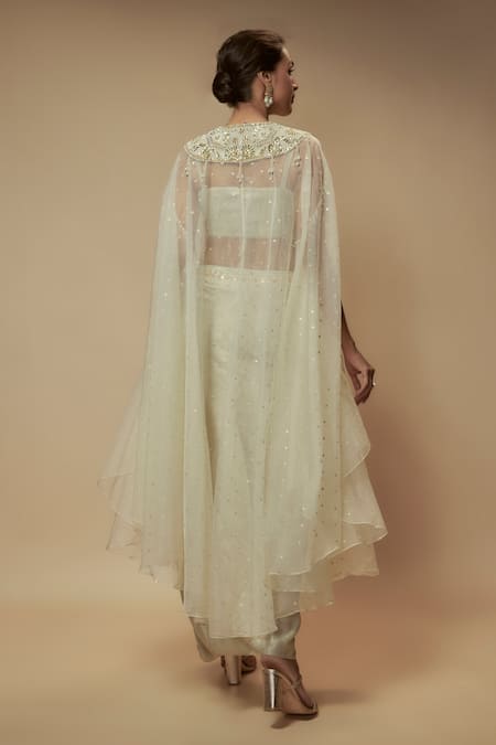 Keith Gomes Bead Embellished Sheer Cape Draped Skirt Set