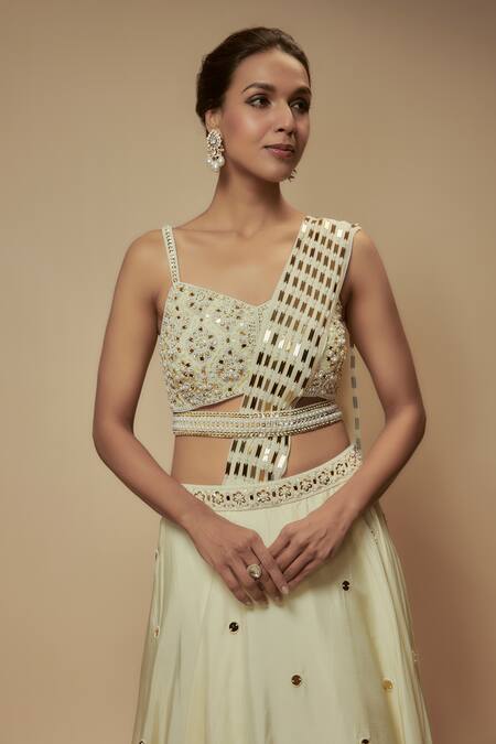 Keith Gomes_Ivory Georgette, Silk Organza Pearls, Embellished Layered Lehenga Saree Set _Online_at_Aza_Fashions