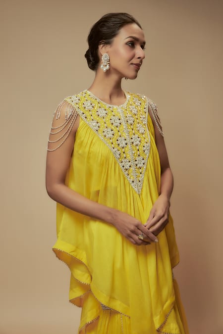 Keith Gomes_Yellow Silk, Chiffon, Lycra Embellished Yoke Asymmetric Tunic Gharara Set _Online_at_Aza_Fashions