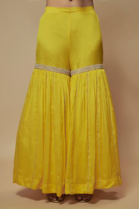 Buy_Keith Gomes_Yellow Silk, Chiffon, Lycra Embellished Yoke Asymmetric Tunic Gharara Set _Online_at_Aza_Fashions