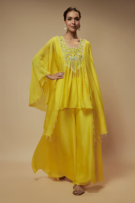 Keith Gomes Yellow Silk Organza Embellished Sequin Square High-low Tunic With Palazzo 