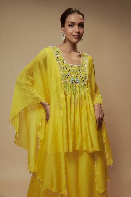 Keith Gomes_Yellow Silk Organza Sequins, Beads Embellished High-low Tunic With Palazzo _Online_at_Aza_Fashions
