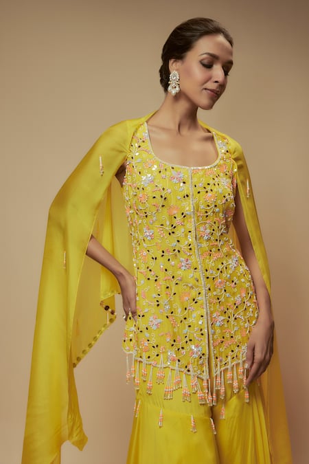 Buy_Keith Gomes_Yellow Silk Organza Beads Round Neck Floral Vine Embellished Kurta Gharara Set _Online_at_Aza_Fashions