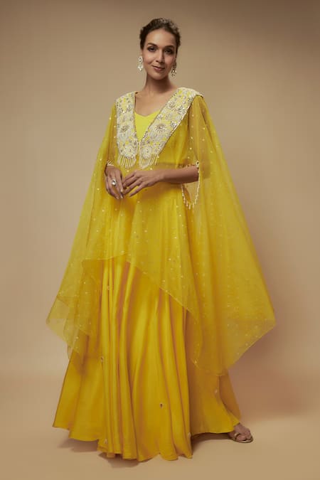 Keith Gomes Yellow  Organza Embellished Sequin And Floral Pearl Palazzo Set 