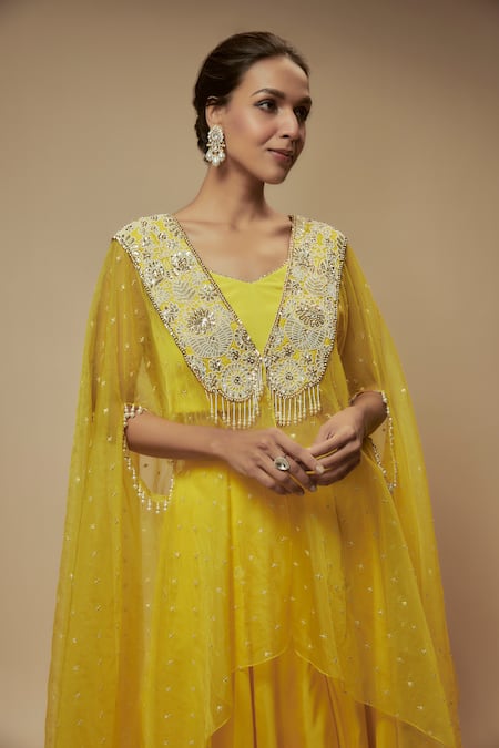 KEITH GOMES_Yellow Silk Pearls, Sequins, Beads V-neck Floral Embellished Cape Palazzo Set _Online_at_Aza_Fashions