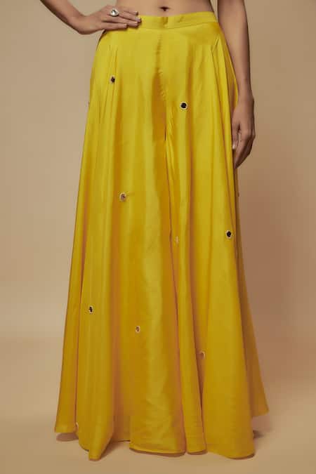 Buy_KEITH GOMES_Yellow Silk Pearls, Sequins, Beads V-neck Floral Embellished Cape Palazzo Set _Online_at_Aza_Fashions