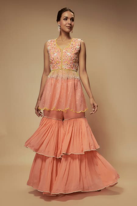 Keith Gomes Peach Chiffon Crepe Embellished Sequin V-neck Floral Peplum Tunic With Gharara 