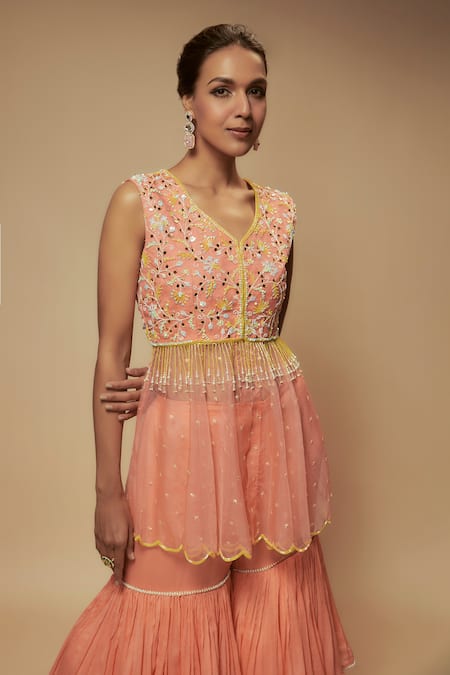 Keith Gomes Peach Chiffon, Crepe Pearls, Floral Embellished Peplum Tunic With Gharara Online at Aza Fashions Keith Gomes_Peach Chiffon, Crepe Pearls, Floral Embellished Peplum Tunic With Gharara _Online_at_Aza_Fashions
