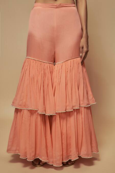 Buy Keith Gomes Peach Chiffon, Crepe Pearls, Floral Embellished Peplum Tunic With Gharara Online at Aza Fashions Buy_Keith Gomes_Peach Chiffon, Crepe Pearls, Floral Embellished Peplum Tunic With Gharara _Online_at_Aza_Fashions