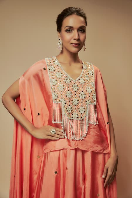 Keith Gomes_Peach Silk, Lycra Sequins, Beads V-neck Asymmetric Embellished Tunic Palazzo Set _Online_at_Aza_Fashions