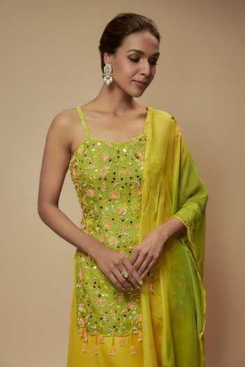 Buy_KEITH GOMES_Green Silk Organza Sequins, Beads, Embroidery Embellished Tunic Palazzo Set _Online_at_Aza_Fashions