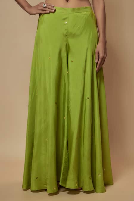 Keith Gomes_Green Silk, Lycra Sequins, Beads Floral Embellished Peplum Tunic Palazzo Set _Online_at_Aza_Fashions